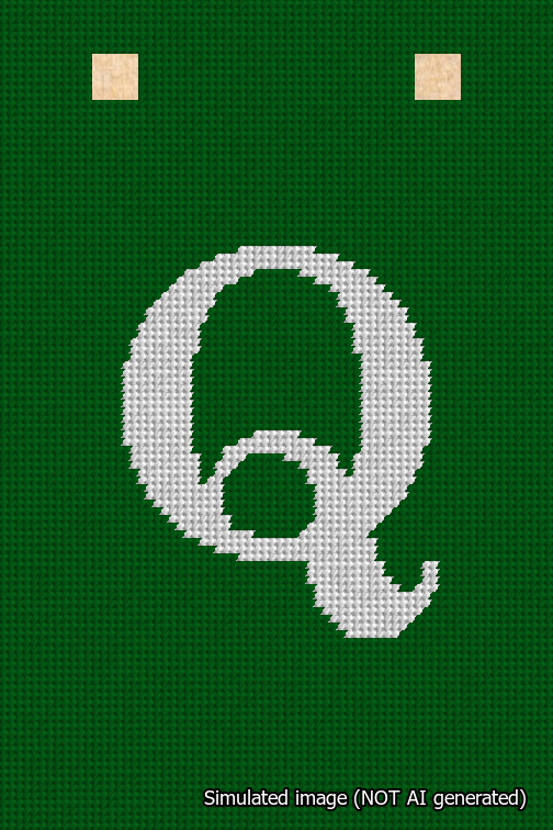 A simulated image of the stitched needlepoint design: Banner 18m Squared Q White on Green. Not A.I. generated.