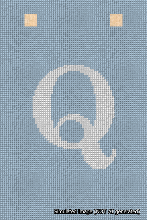 A simulated image of the stitched needlepoint design: Banner 18m Squared Q White on Light Blue. Not A.I. generated.