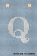 A simulated image of the stitched needlepoint design: Banner 18m Squared Q White on Light Blue. Not A.I. generated.