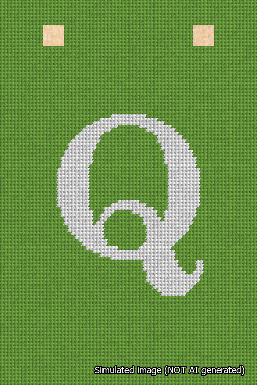 A simulated image of the stitched needlepoint design: Banner 18m Squared Q White on Light Green. Not A.I. generated.