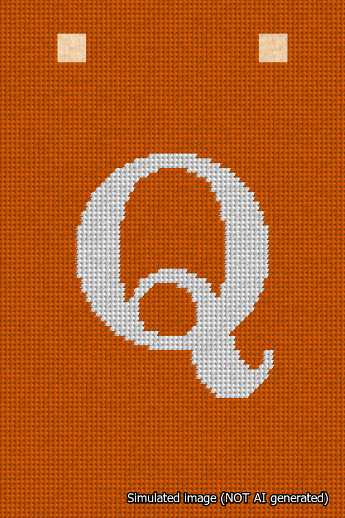 A simulated image of the stitched needlepoint design: Banner 18m Squared Q White on Orange. Not A.I. generated.