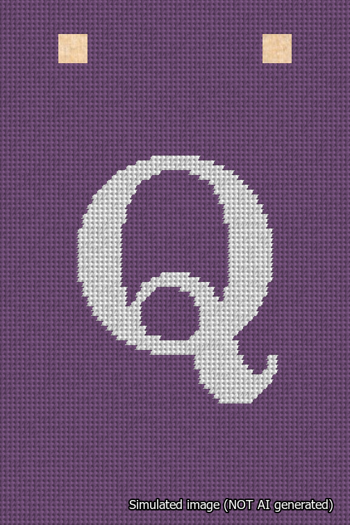 A simulated image of the stitched needlepoint design: Banner 18m Squared Q White on Purple. Not A.I. generated.