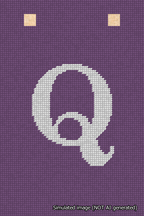 A simulated image of the stitched needlepoint design: Banner 18m Squared Q White on Purple. Not A.I. generated.