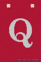 A simulated image of the stitched needlepoint design: Banner 18m Squared Q White on Red. Not A.I. generated.