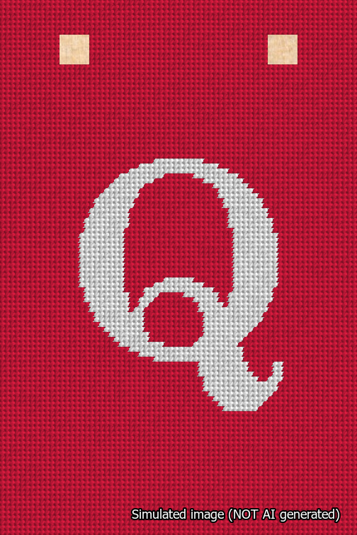 A simulated image of the stitched needlepoint design: Banner 18m Squared Q White on Red. Not A.I. generated.