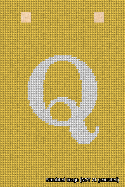 A simulated image of the stitched needlepoint design: Banner 18m Squared Q White on Yellow. Not A.I. generated.