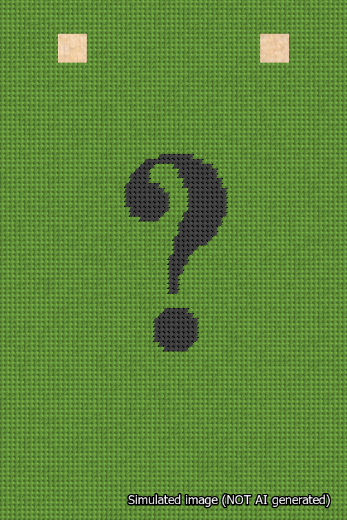 A simulated image of the stitched needlepoint design: Banner 18m Squared Question Black on Light Green. Not A.I. generated.