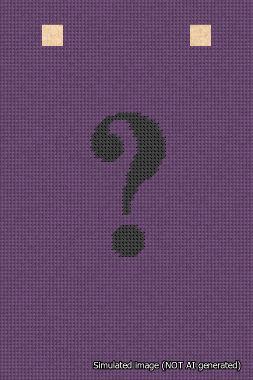 A simulated image of the stitched needlepoint design: Banner 18m Squared Question Black on Purple. Not A.I. generated.