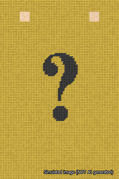 A simulated image of the stitched needlepoint design: Banner 18m Squared Question Black on Yellow. Not A.I. generated.