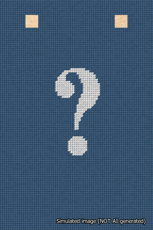 A simulated image of the stitched needlepoint design: Banner 18m Squared Question White on Blue. Not A.I. generated.