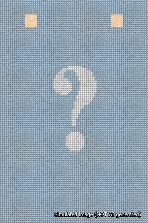 A simulated image of the stitched needlepoint design: Banner 18m Squared Question White on Light Blue. Not A.I. generated.