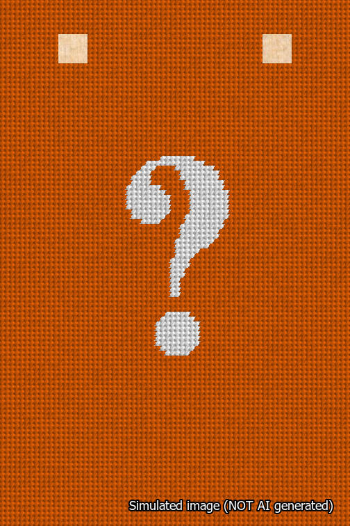 A simulated image of the stitched needlepoint design: Banner 18m Squared Question White on Orange. Not A.I. generated.