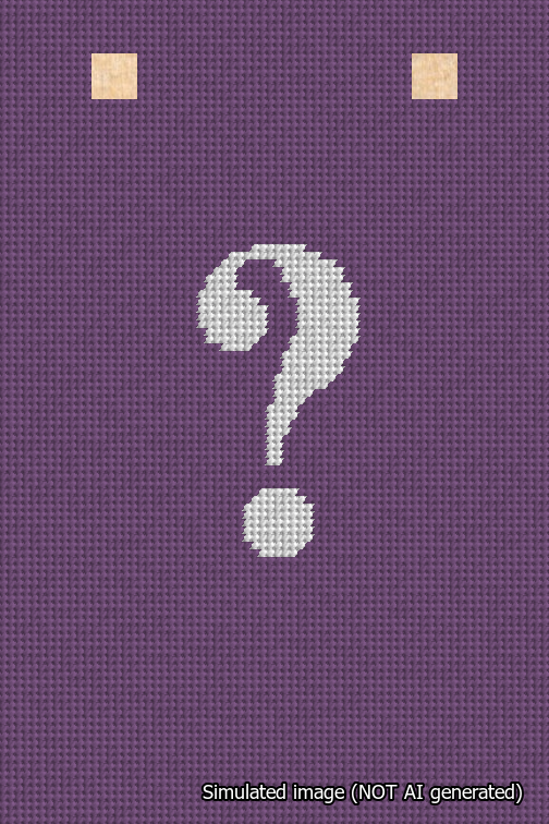 A simulated image of the stitched needlepoint design: Banner 18m Squared Question White on Purple. Not A.I. generated.