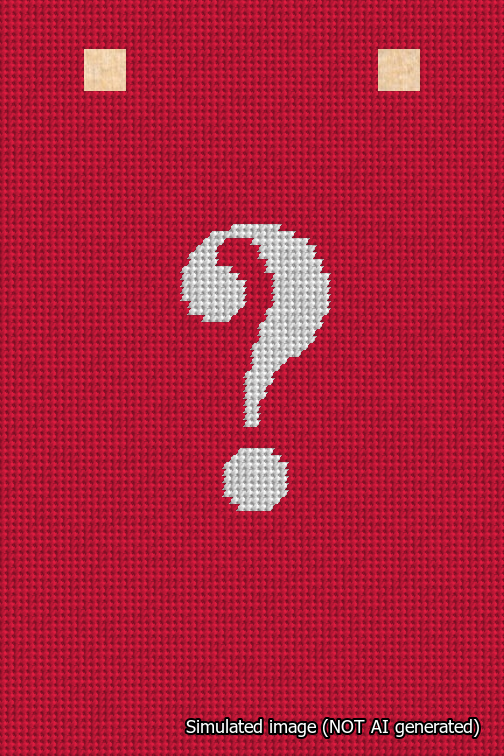 A simulated image of the stitched needlepoint design: Banner 18m Squared Question White on Red. Not A.I. generated.