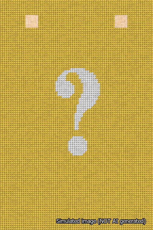 A simulated image of the stitched needlepoint design: Banner 18m Squared Question White on Yellow. Not A.I. generated.