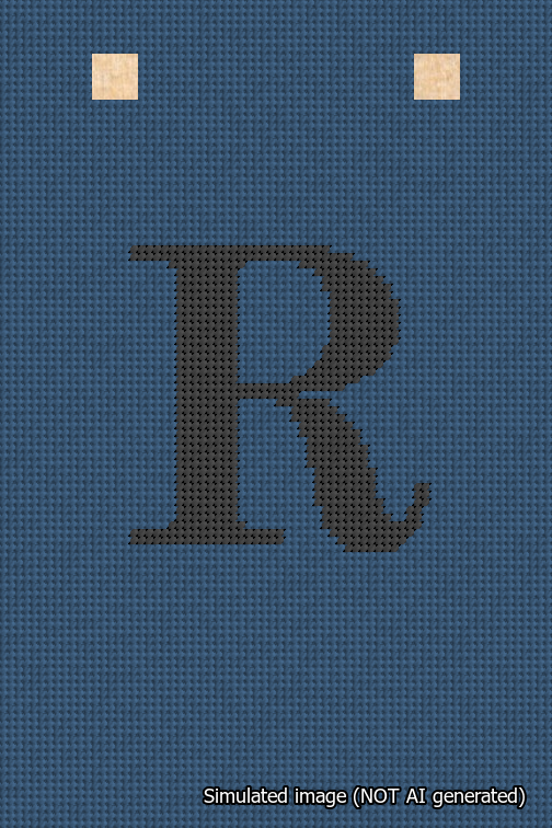 A simulated image of the stitched needlepoint design: Banner 18m Squared R Black on Blue. Not A.I. generated.