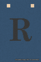 A simulated image of the stitched needlepoint design: Banner 18m Squared R Black on Blue. Not A.I. generated.