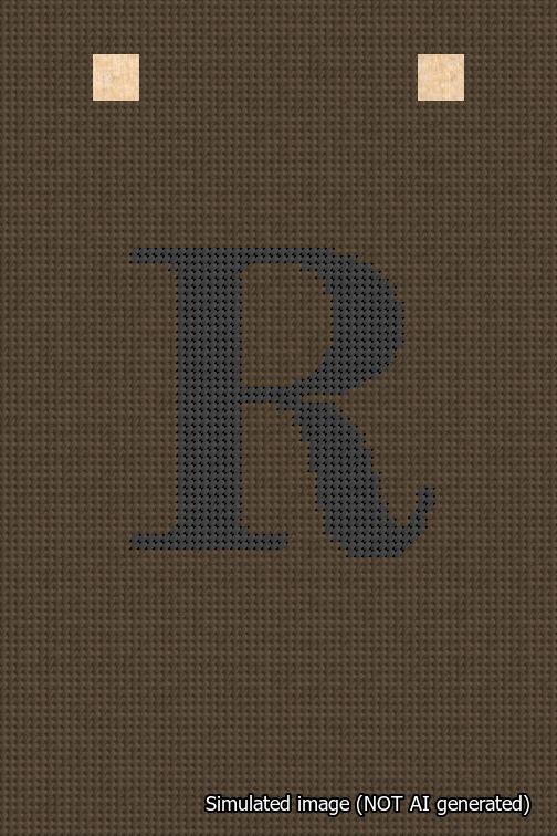 A simulated image of the stitched needlepoint design: Banner 18m Squared R Black on Brown. Not A.I. generated.