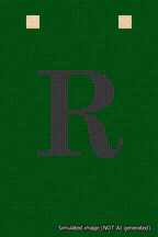 A simulated image of the stitched needlepoint design: Banner 18m Squared R Black on Green. Not A.I. generated.