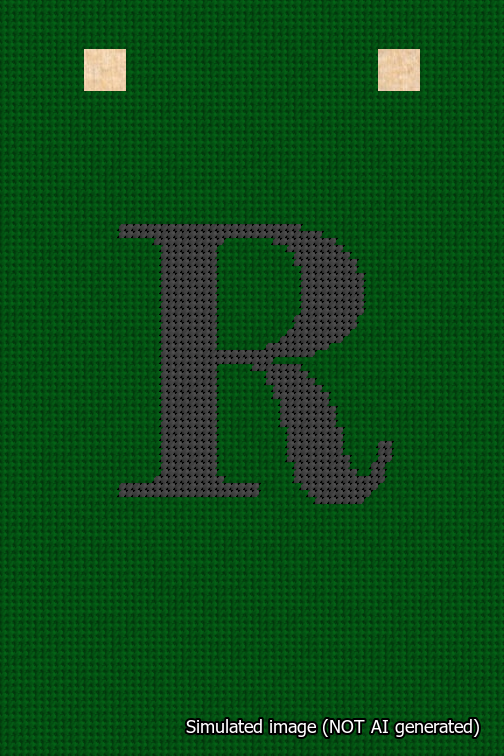 A simulated image of the stitched needlepoint design: Banner 18m Squared R Black on Green. Not A.I. generated.