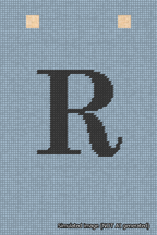 A simulated image of the stitched needlepoint design: Banner 18m Squared R Black on Light Blue. Not A.I. generated.