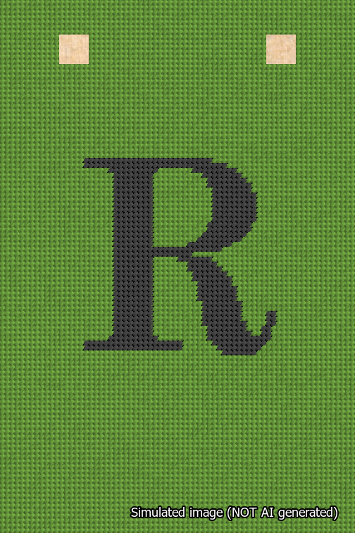 A simulated image of the stitched needlepoint design: Banner 18m Squared R Black on Light Green. Not A.I. generated.