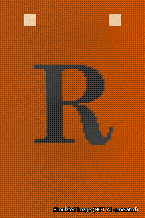 A simulated image of the stitched needlepoint design: Banner 18m Squared R Black on Orange. Not A.I. generated.