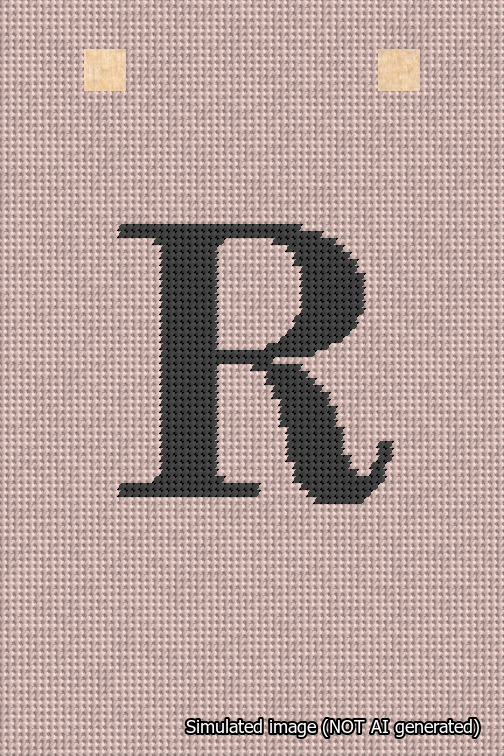 A simulated image of the stitched needlepoint design: Banner 18m Squared R Black on Pink. Not A.I. generated.