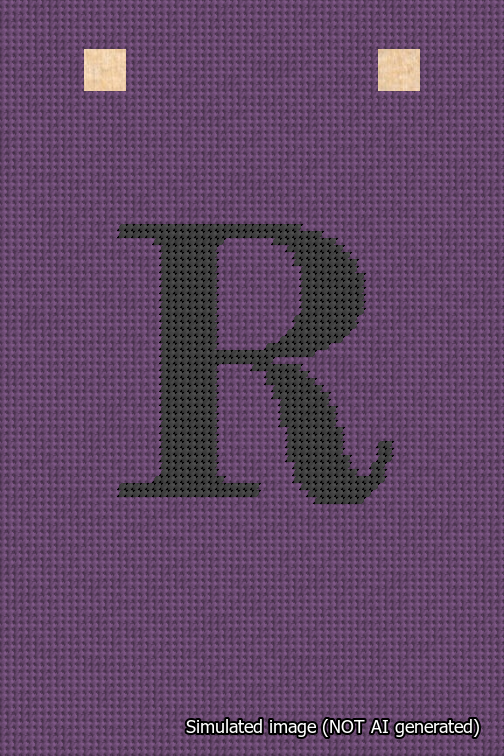 A simulated image of the stitched needlepoint design: Banner 18m Squared R Black on Purple. Not A.I. generated.