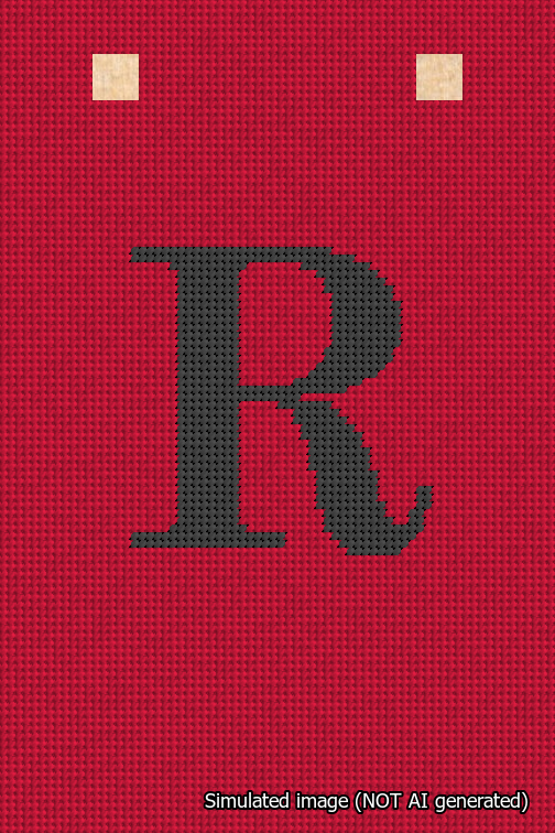 A simulated image of the stitched needlepoint design: Banner 18m Squared R Black on Red. Not A.I. generated.
