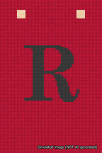 A simulated image of the stitched needlepoint design: Banner 18m Squared R Black on Red. Not A.I. generated.