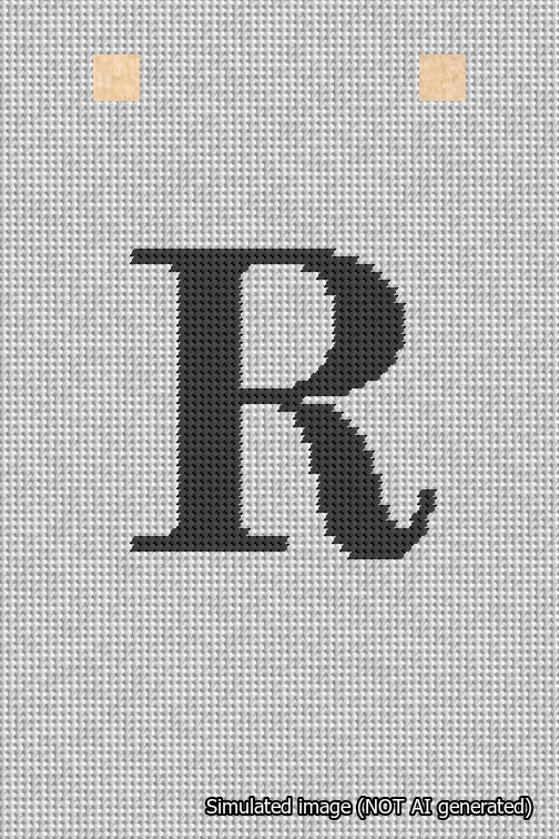 A simulated image of the stitched needlepoint design: Banner 18m Squared R Black on White. Not A.I. generated.