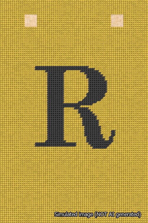 A simulated image of the stitched needlepoint design: Banner 18m Squared R Black on Yellow. Not A.I. generated.