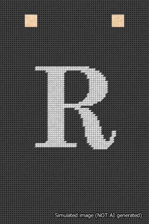 A simulated image of the stitched needlepoint design: Banner 18m Squared R White on Black. Not A.I. generated.
