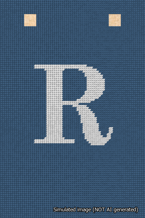 A simulated image of the stitched needlepoint design: Banner 18m Squared R White on Blue. Not A.I. generated.