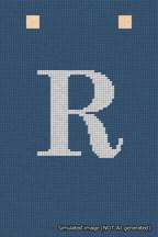 A simulated image of the stitched needlepoint design: Banner 18m Squared R White on Blue. Not A.I. generated.