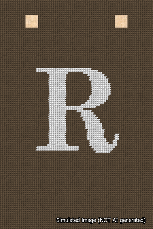 A simulated image of the stitched needlepoint design: Banner 18m Squared R White on Brown. Not A.I. generated.