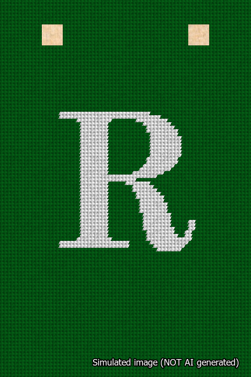 A simulated image of the stitched needlepoint design: Banner 18m Squared R White on Green. Not A.I. generated.