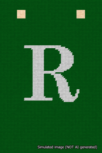 A simulated image of the stitched needlepoint design: Banner 18m Squared R White on Green. Not A.I. generated.