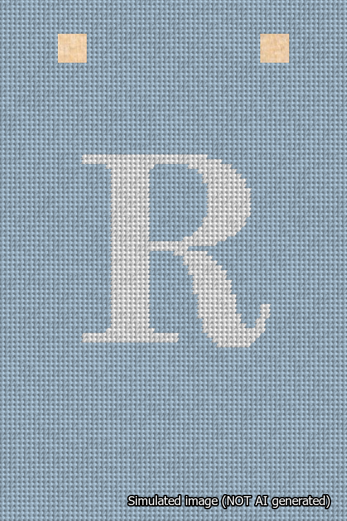 A simulated image of the stitched needlepoint design: Banner 18m Squared R White on Light Blue. Not A.I. generated.