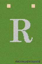 A simulated image of the stitched needlepoint design: Banner 18m Squared R White on Light Green. Not A.I. generated.