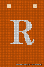 A simulated image of the stitched needlepoint design: Banner 18m Squared R White on Orange. Not A.I. generated.