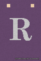 A simulated image of the stitched needlepoint design: Banner 18m Squared R White on Purple. Not A.I. generated.