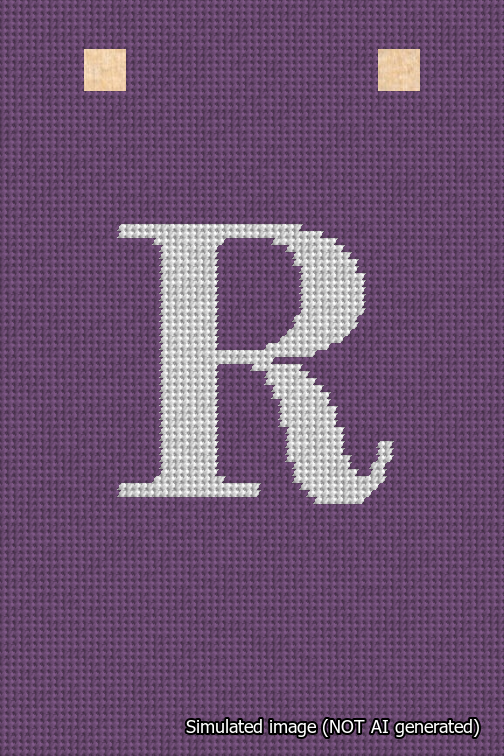 A simulated image of the stitched needlepoint design: Banner 18m Squared R White on Purple. Not A.I. generated.