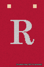 A simulated image of the stitched needlepoint design: Banner 18m Squared R White on Red. Not A.I. generated.