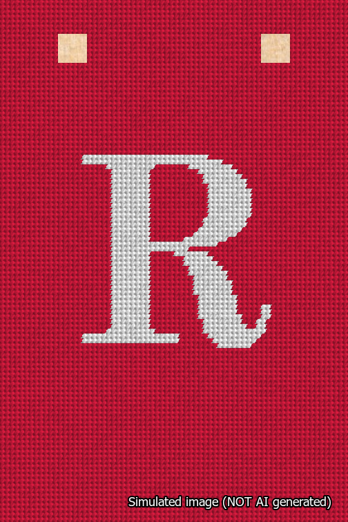 A simulated image of the stitched needlepoint design: Banner 18m Squared R White on Red. Not A.I. generated.
