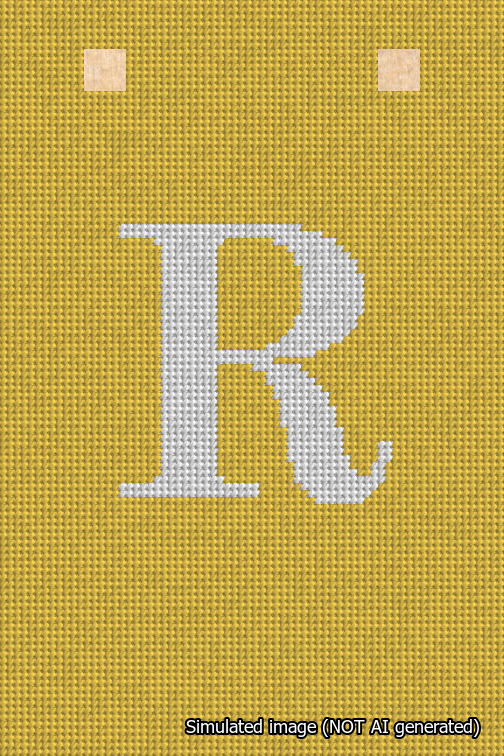 A simulated image of the stitched needlepoint design: Banner 18m Squared R White on Yellow. Not A.I. generated.