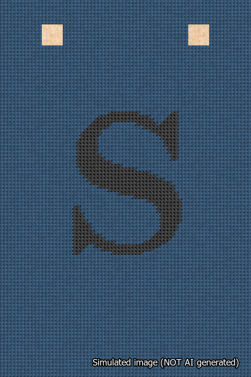 A simulated image of the stitched needlepoint design: Banner 18m Squared S Black on Blue. Not A.I. generated.