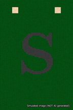 A simulated image of the stitched needlepoint design: Banner 18m Squared S Black on Green. Not A.I. generated.