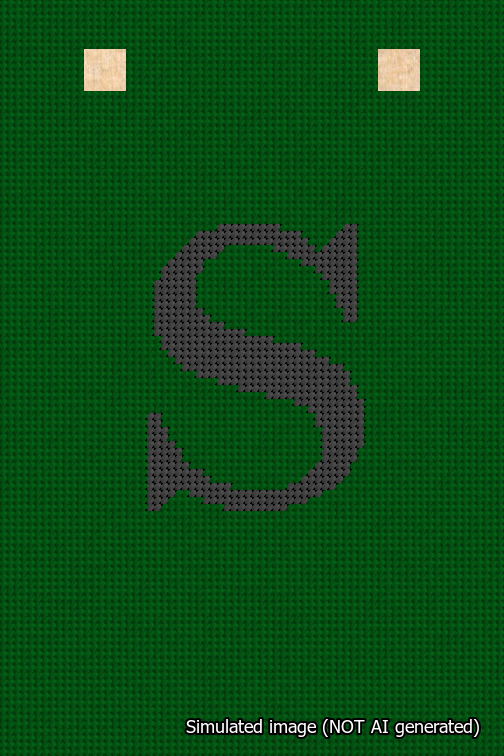 A simulated image of the stitched needlepoint design: Banner 18m Squared S Black on Green. Not A.I. generated.